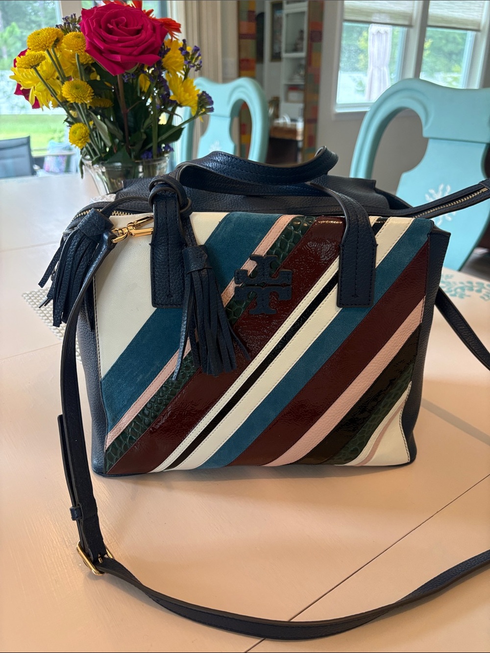 Tory Burch Navy, White, Pink & Burgundy Striped Leather Satchel